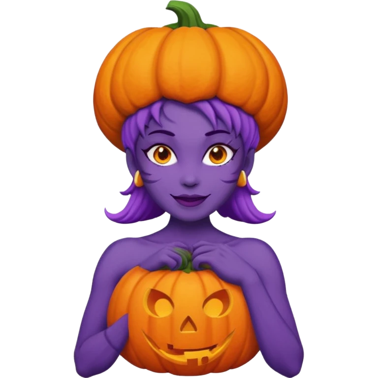 A nude woman with bare chest and wears a carved pumpkin on its head with purple skin emoji