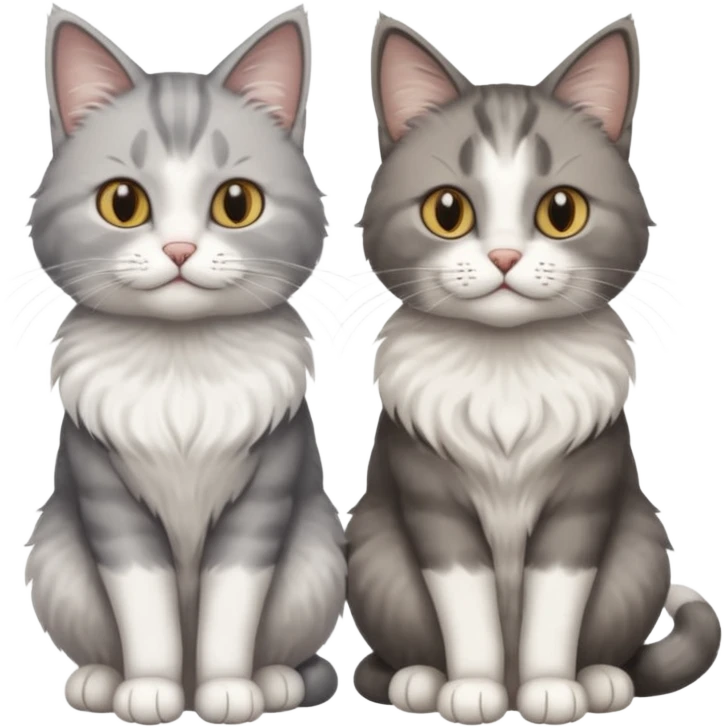a realistic looking very fluffy grey and white cat with grey legs and white paws, sitting next to another cat emoji