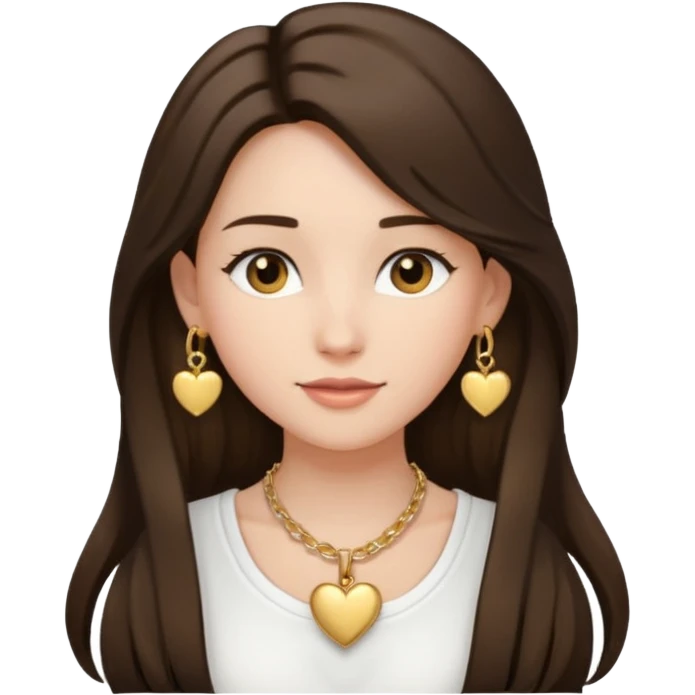 Brunnette pretty girl with long hair and a White top and heart gold necklece with gols bracelets and gold hoop earrings   emoji