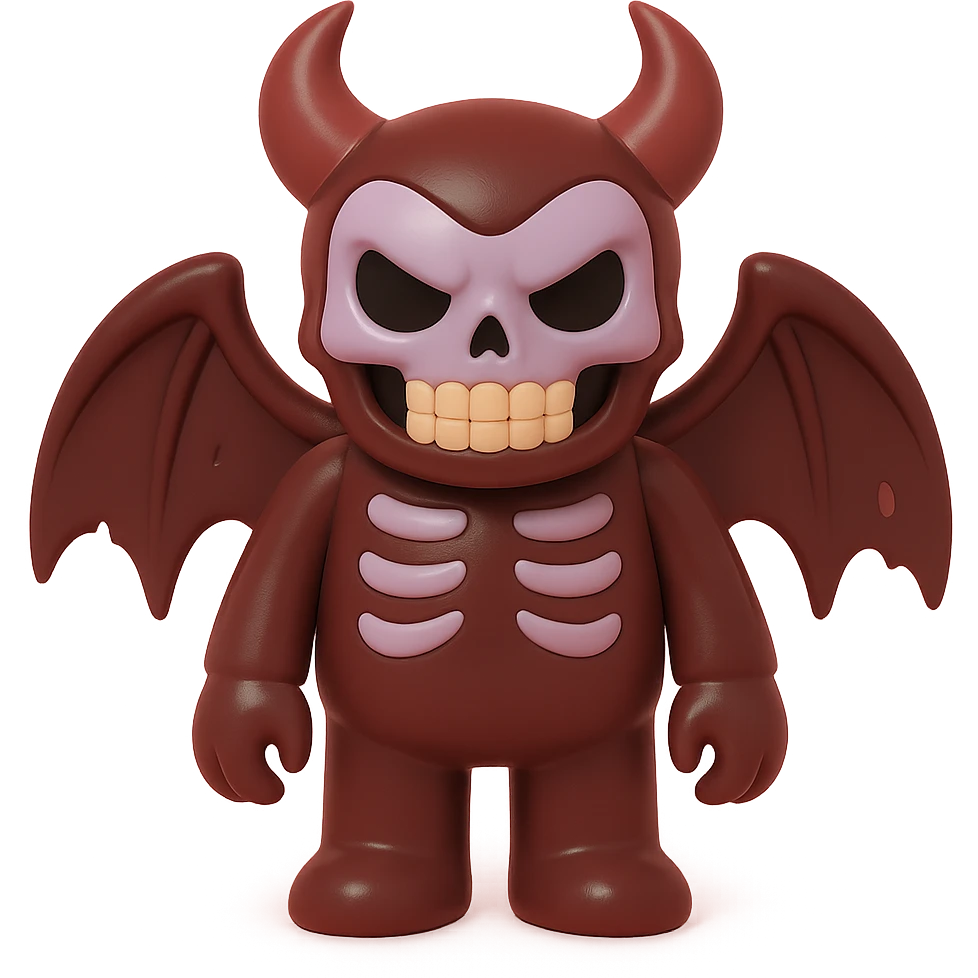 horrifying monster with skeletal features, tattered wings, sinister grin, dark red and black colors, vinyl figure style emoji