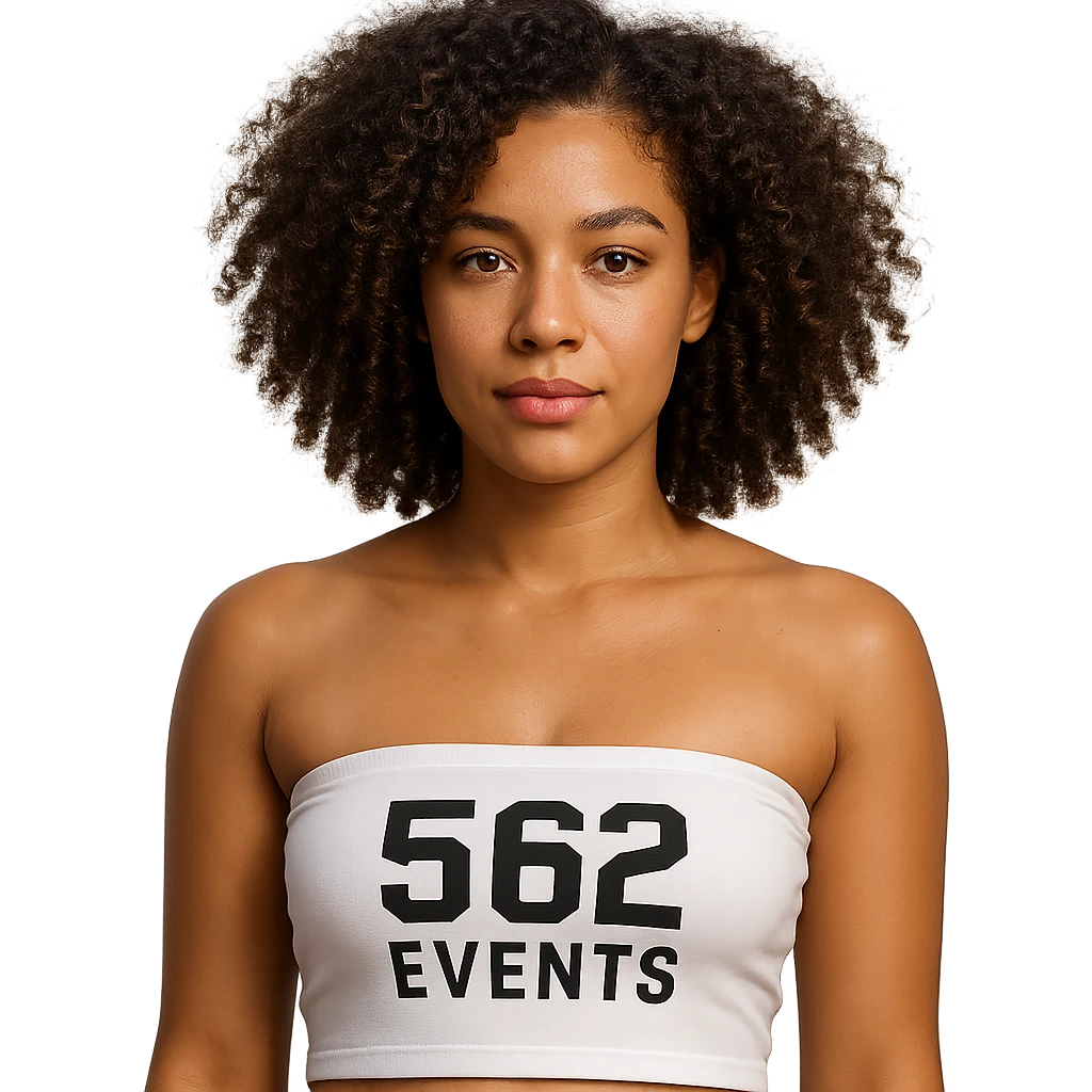 realistic Red Bone woman with light brown skin, curly hair, wearing a white tube top that says '562 Events' emoji