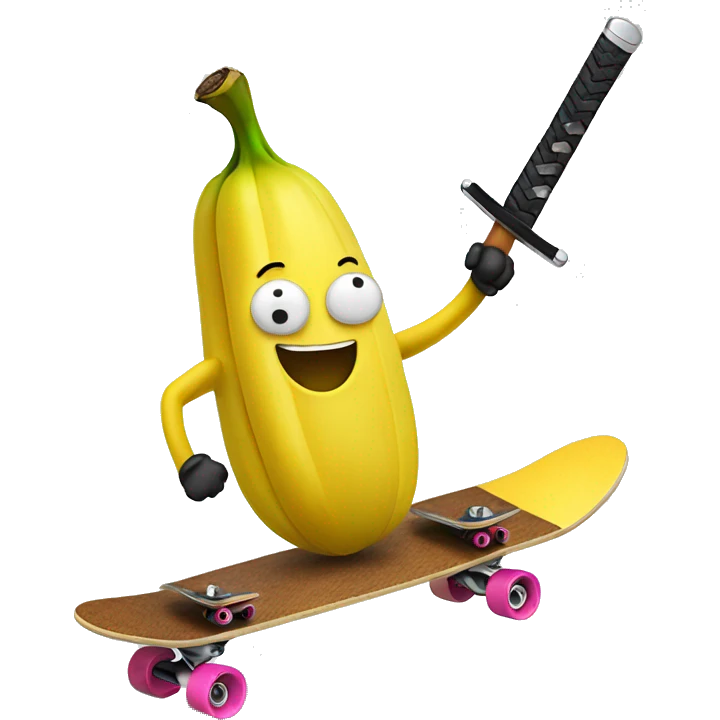 Banana on a skateboard with a samurai sword emoji