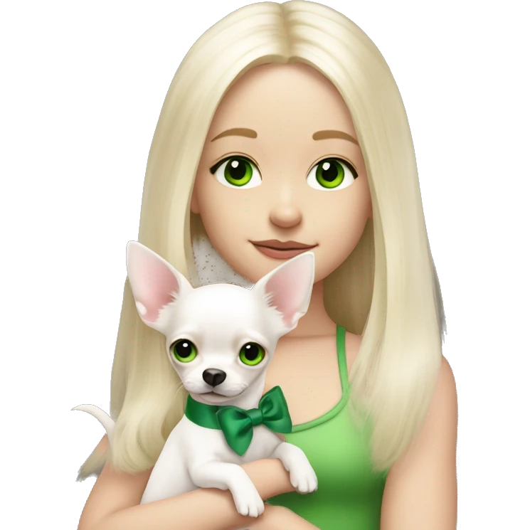 pale blond girl with long platinum hair with green eyes holding a white chihuahua puppy that wearing a pink bow emoji
