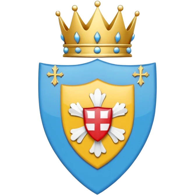 Bandera de Galicia: Emoji de bandera 2:3. Fondo blanco con franja diagonal azul celeste (de arriba izquierda a abajo derecha). En el centro, escudo azul con cáliz dorado y hostia blanca, siete cruces blancas alrededor y corona real dorada y roja encima. Estilo plano tipo emoji, colores sólidos. emoji