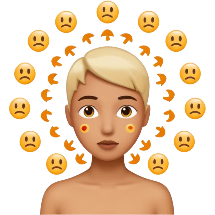 Floating symbols rotating around head, one snapping into place emoji
