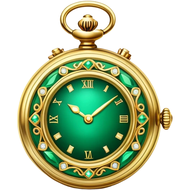 A luxurious emerald and gold antique watch emoji, styled as a precious relic, detailed and elegant, glowing softly emoji