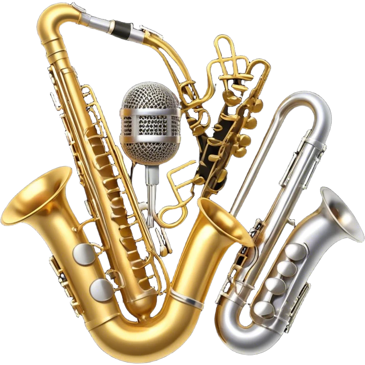 Create an artistic and dynamic emoji representing jazz vocal performance, featuring a vintage microphone as the central focus. Surround the microphone with traditional jazz instruments, such as a saxophone, trumpet, and upright bass, arranged in a harmonious, flowing design. Add musical notes and sound waves emanating from the microphone to symbolize the improvisational and expressive nature of jazz vocals. The instruments should have a polished, classic appearance with metallic gold and silver accents. Use rich colors like deep black, gold, and burgundy to evoke the sophisticated and soulful atmosphere of a jazz club. The background should be transparent. emoji
