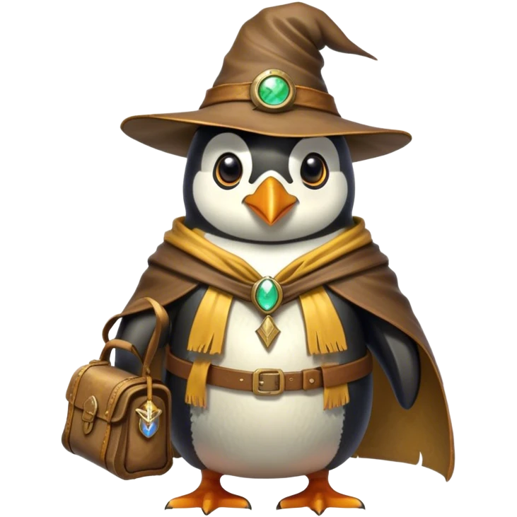 A wizard-explorer penguin inspired by Indiana Jones, wearing a weathered yellow enchanted hat and a flowing cape. It carries a leather satchel with ancient scrolls and holds a glowing magical relic. Cartoon-style, smooth shading, highly detailed, no background emoji