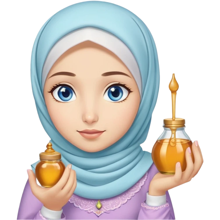 Turkish beautiful finish Konya girl blue eyes with honeycomb pastel hijab islamic dress and had on her hand honey emoji
