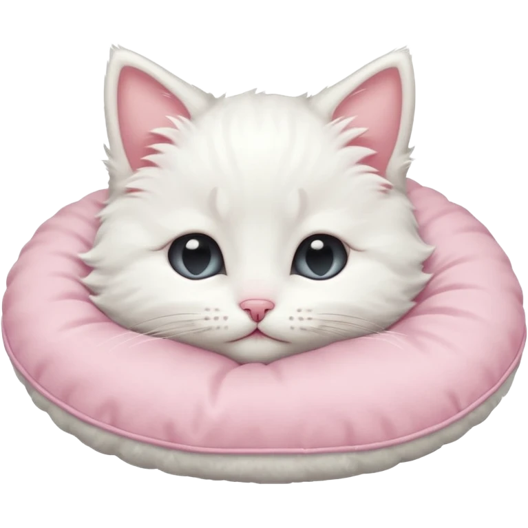 white fluffy kitten cuddled against a pillow, blushing, eyes shut in > < shape emoji