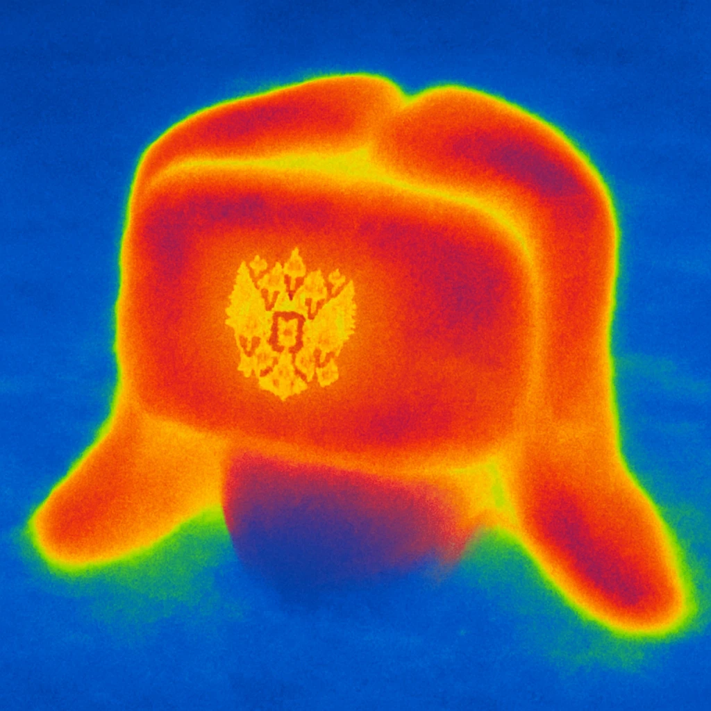 Russian ushanka hat with the emblem of Russia in a snowy background emoji