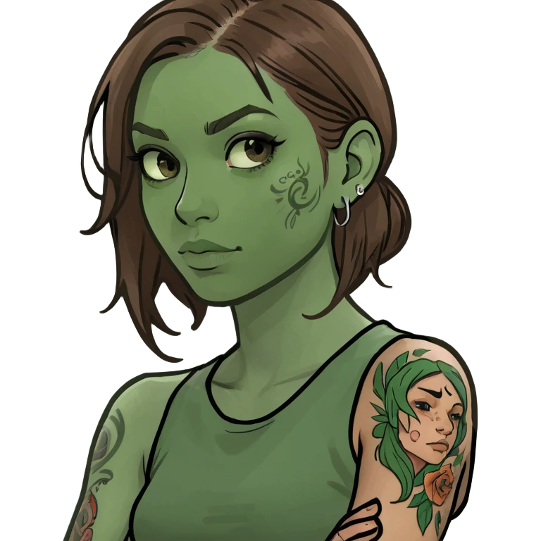 Ragazza capelli marroni e tatuaggi sul braccio  emoji