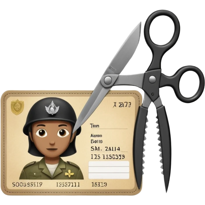 Floating black Scissors cutting in half an idf soldier ID card with a little chip in 2 parts emoji