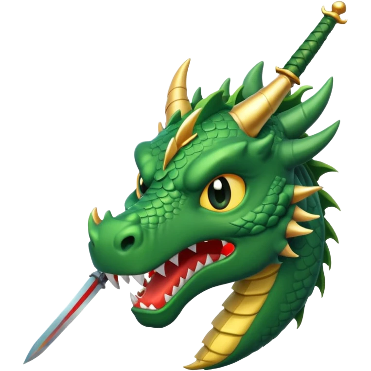 green dragon's head with a sword stuck in it, defeated expression, symbolizing conquering a challenge, WhatsApp emoji style emoji