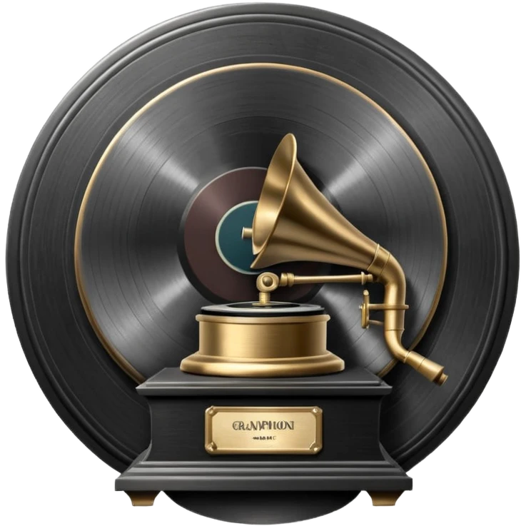 A dark metal platinum music award plaque The center features a relief of a vintage gramophone or stylized vinyl record in a slightly darker metallic tone emoji