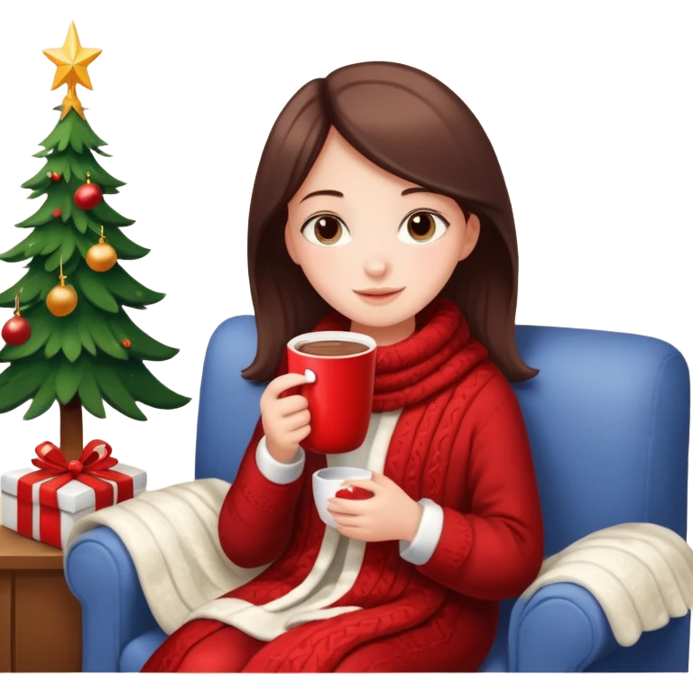 Girl celebrate christmas on the sofa, with hot chocolate, warm sock, warm blanket emoji