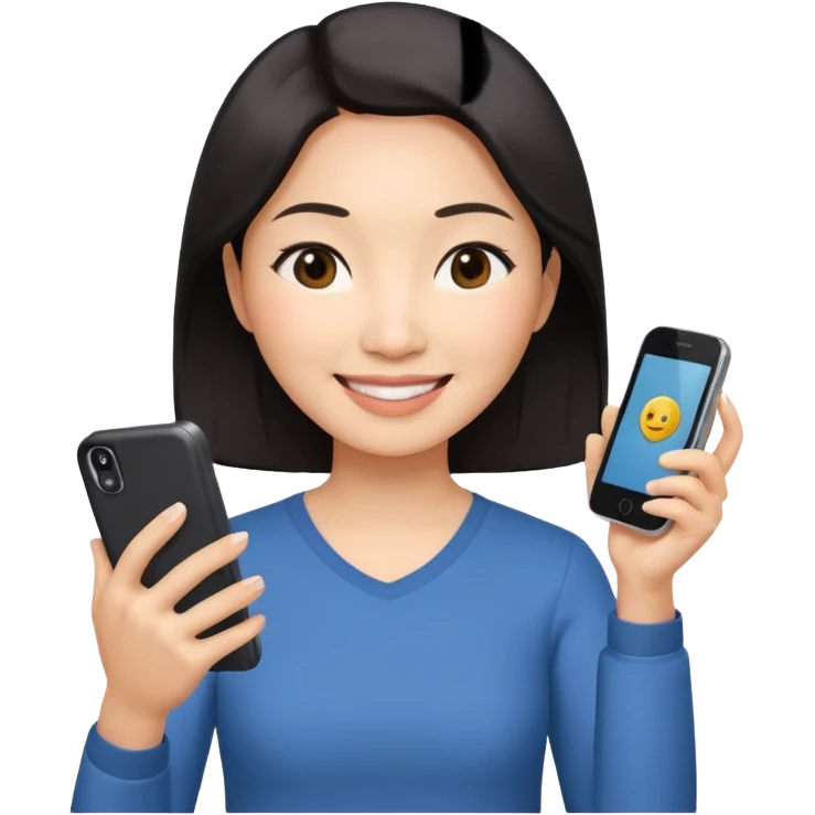 페르소나 요약 : 휴대폰을 보고 즐거워하는 여자, 40대의 아시아 여성이 한손으로 휴대폰을 쥐고, 화면을 보면서 미소를 짓고 있어요. 나머지 한손은 아래에 내리고 있어요 emoji