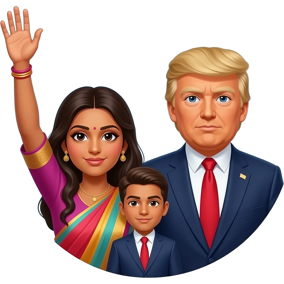 Farheen  holding one hand high in the sky in trust  a Barron Trump the  President Donald Trump and an along in circle son Barron Trump emoji