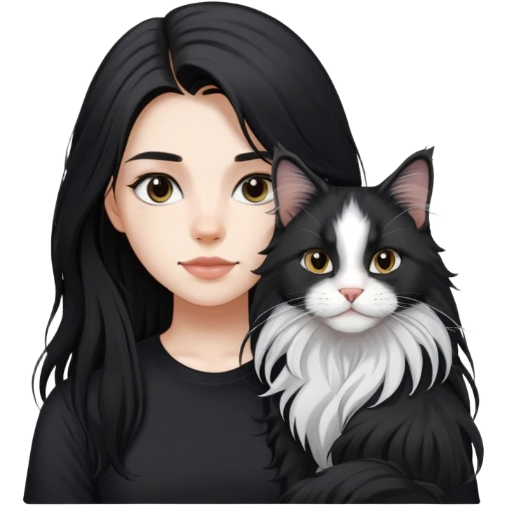 a  girl with black long hair with a white Maine coon with black shirt emoji