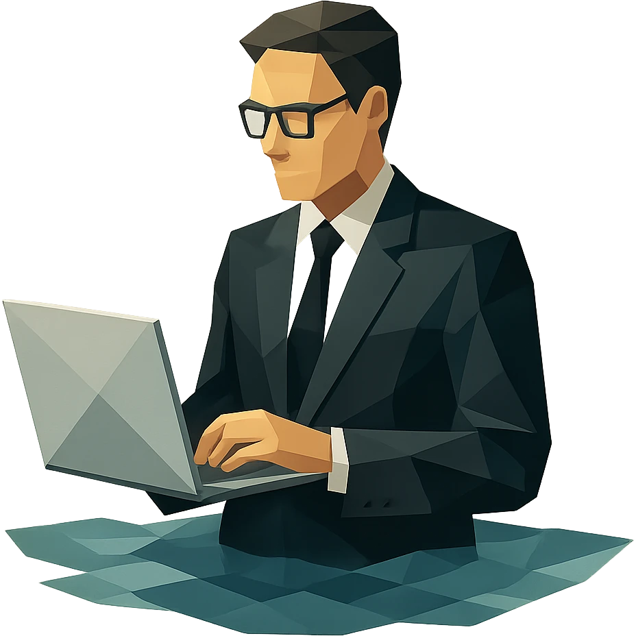 Businessman in black suit and glasses stands waist-deep with computer emoji
