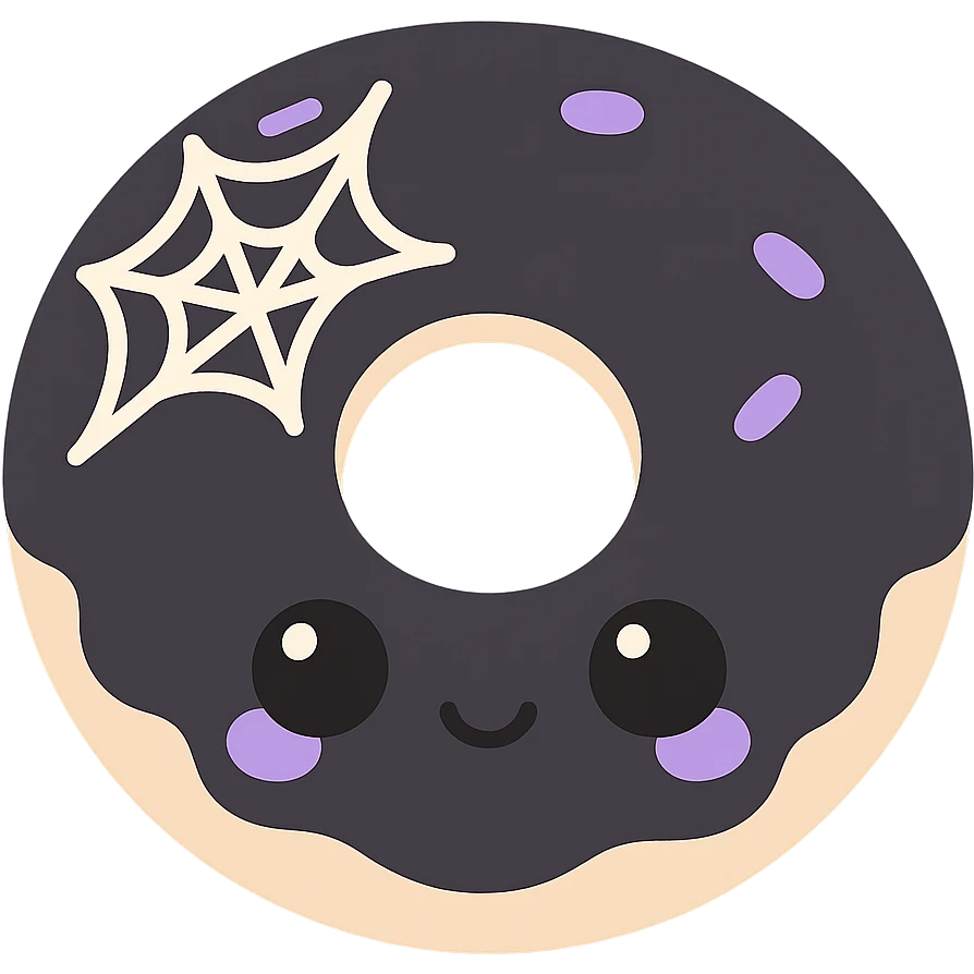 kawaii style gothic donut, happy face, black icing with spiderweb design, purple and white accents, sweet and mysterious emoji
