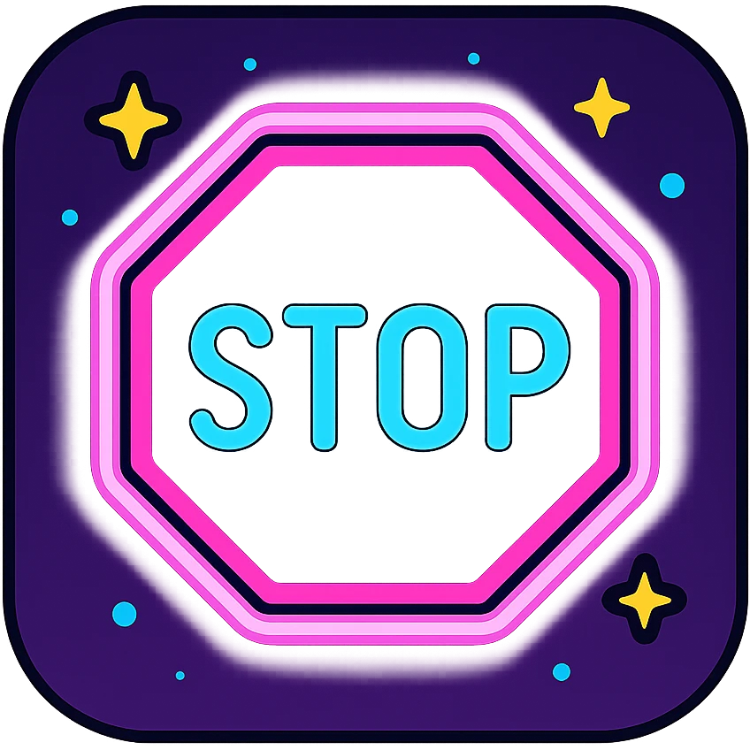 animated stop icon with dark purple, blue, and black base, bright accents, complex gradients, stars, bright neon border, modern clean stop symbol, subtle glowing and moving stars neon effects, sophisticated futuristic style emoji