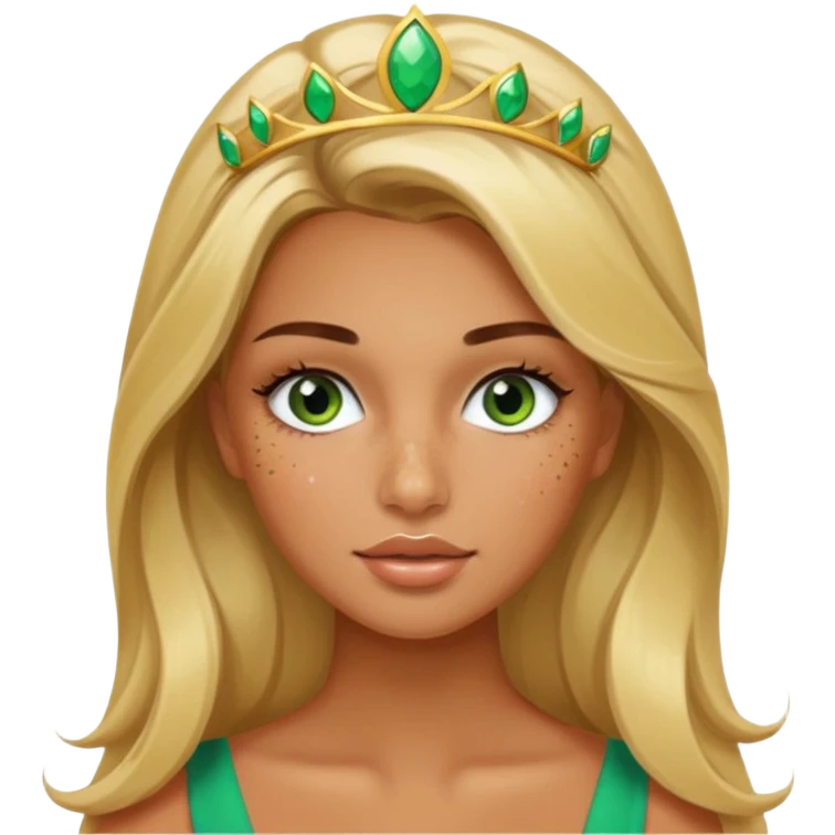 miss universe tanned girl with very long blonde brown hair and green brown eyes and freckles along her nose and cheeks and long eyelashes emoji