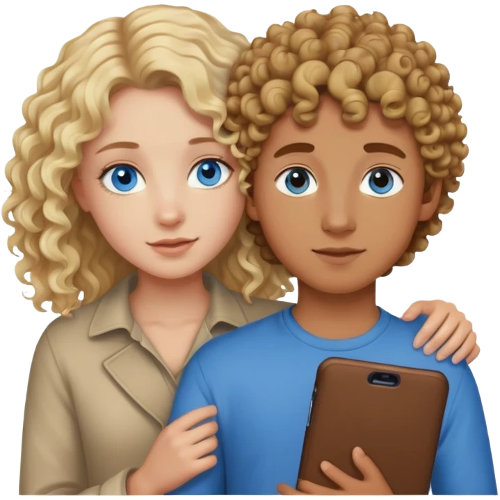 blonde girl with blue eyes holding a brown teenage boy with curly hair  emoji