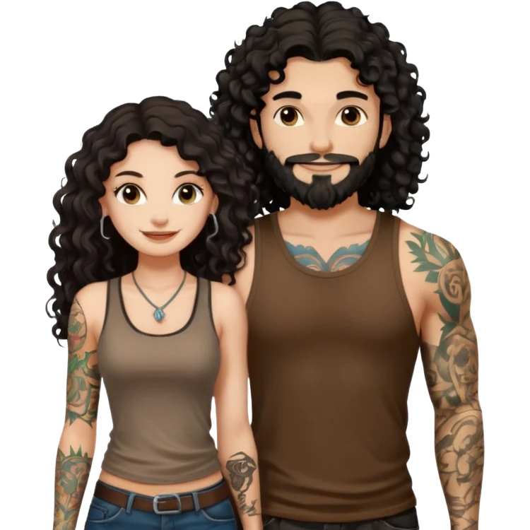a pretty bratz fair girl with black long curly hair in a brown tank top with tattoos standing with a handsome tattooed tall guy emoji