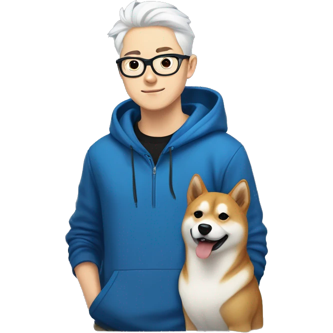 A young guy with white hair ponytail white skin black-framed glasses and nose piercing wearing  blue hoodie and a Shiba Inu dog next to him emoji