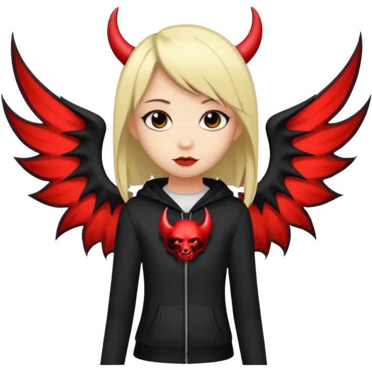 A black and blonde haired girl with a devils wing and tail and she's emo emoji