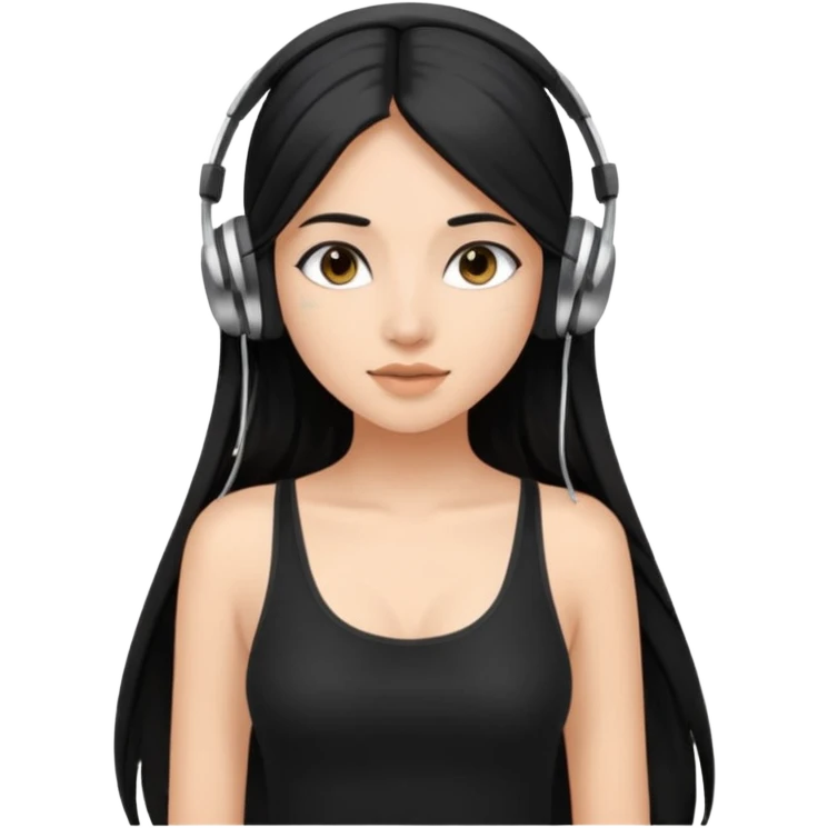 a fair indian girl with straight black long hair, wearing a black cami top. and wearing silver  headphones on emoji