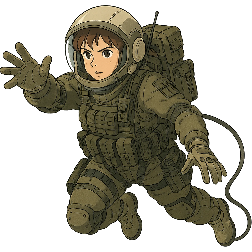 a tactical female space warrior floating in zero-g EVA operations, reaching in front of her emoji
