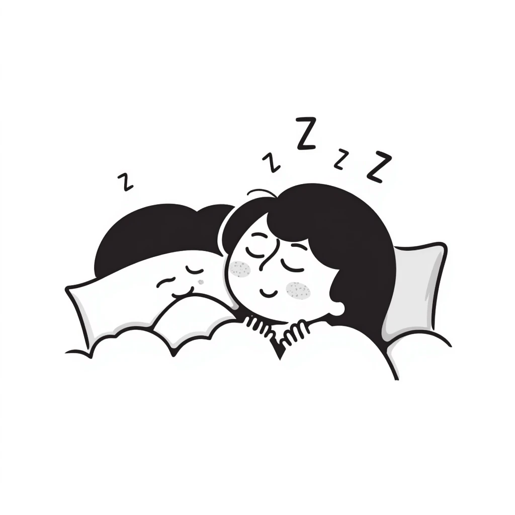 A person sleeping peacefully in bed with a soft smile, gentle z's floating above their head. Cozy, calm feeling with soft colors. Hand-drawn doodle style. emoji