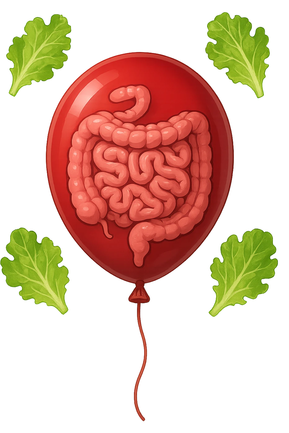 intestino chiuso in un palloncino rosso e foglie di insalata che fluttuano intorno emoji