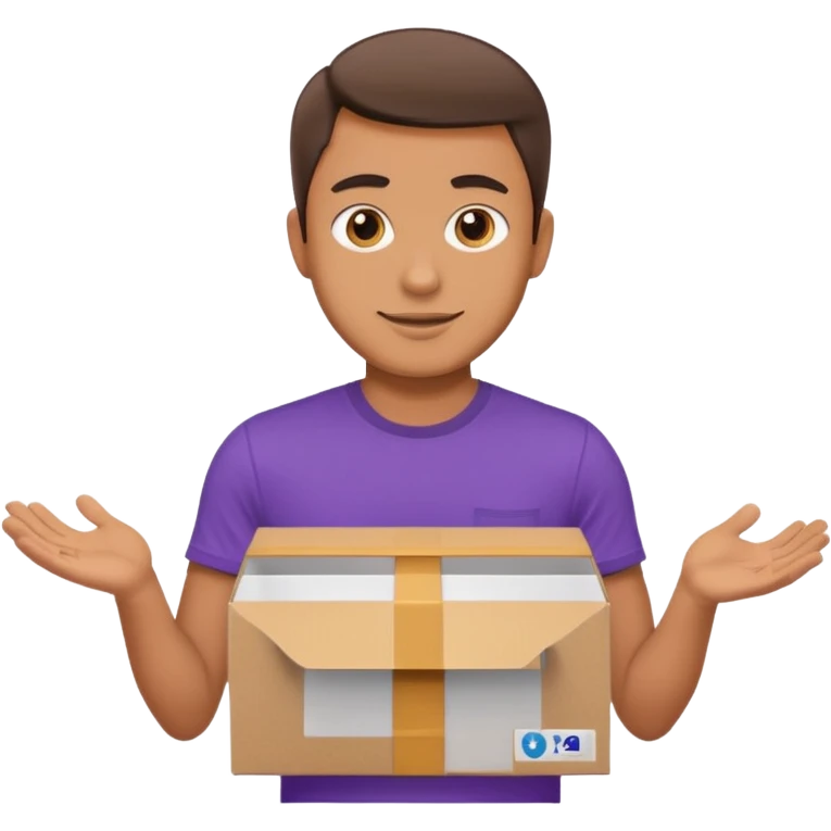 a man in a purple T-shirt hands out a box emoji