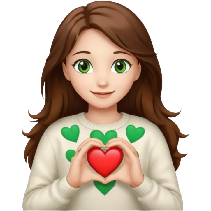 Girl green eyes brown long hair white warm sweater showing heart with her hands emoji