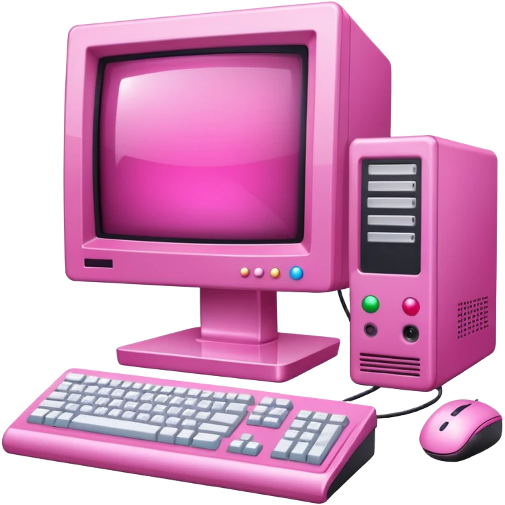 shiny pink transparent sparkly 90s computer with CRT monitor, keyboard, PC tower, mouse emoji