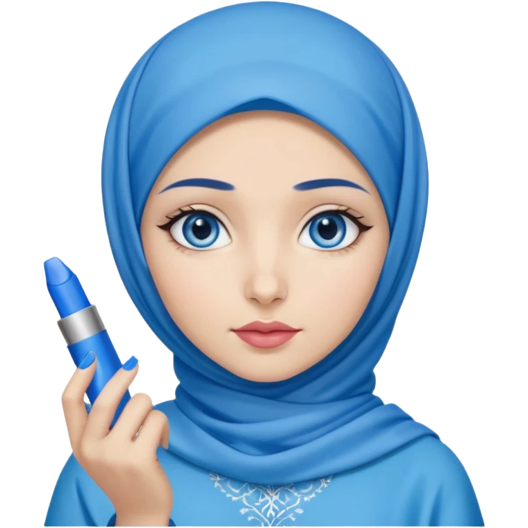 Turkish beautiful finish Konya girl blue eyes with blue hijab islamic dress and had on her hand blue lipstick and hold it emoji