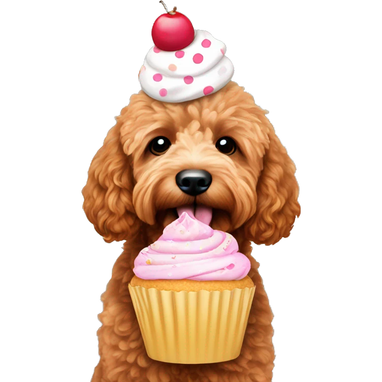 Red mini goldendoodle with a cupcake emoji