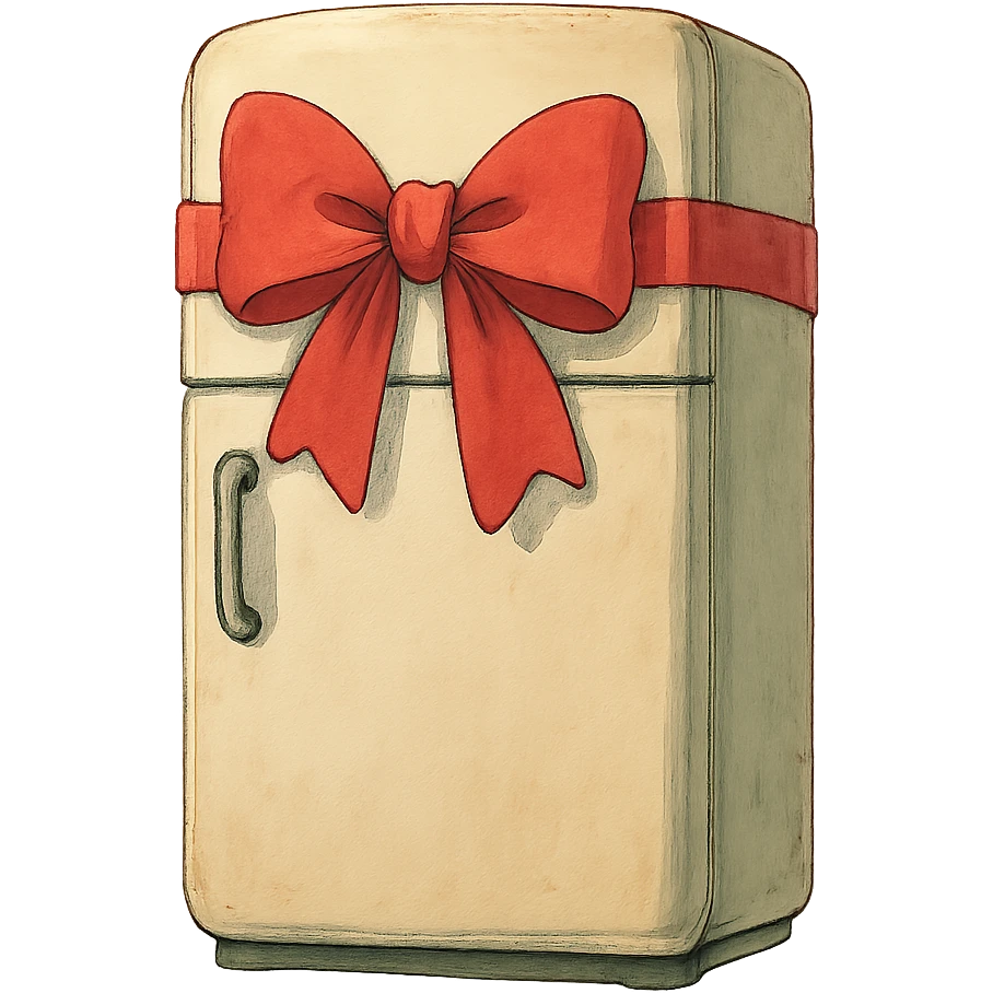 ghibli style fridge with a big red bow emoji