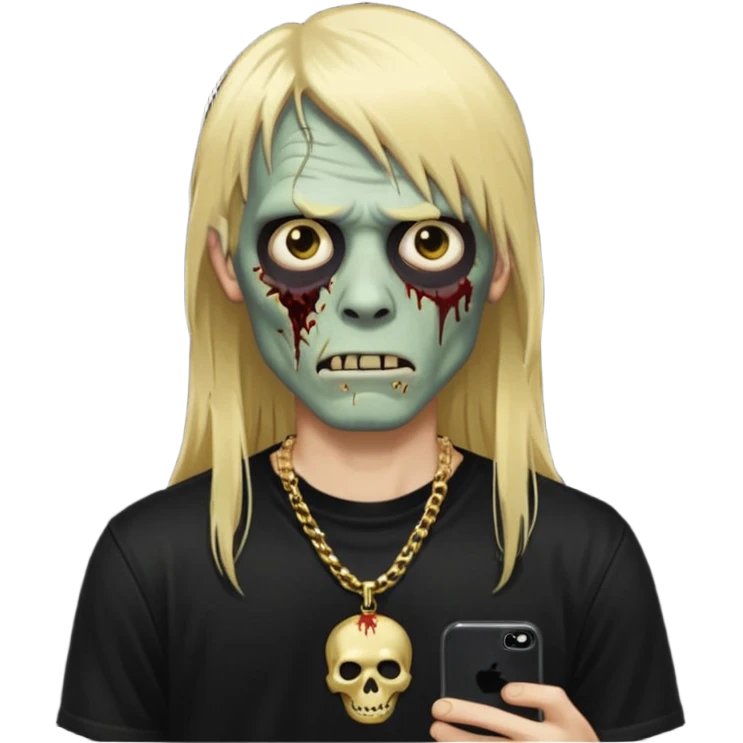 make a iphone emoji who is a zombie man with long blonde hair with bangs, with a black punk shirt and a golden neckless emoji