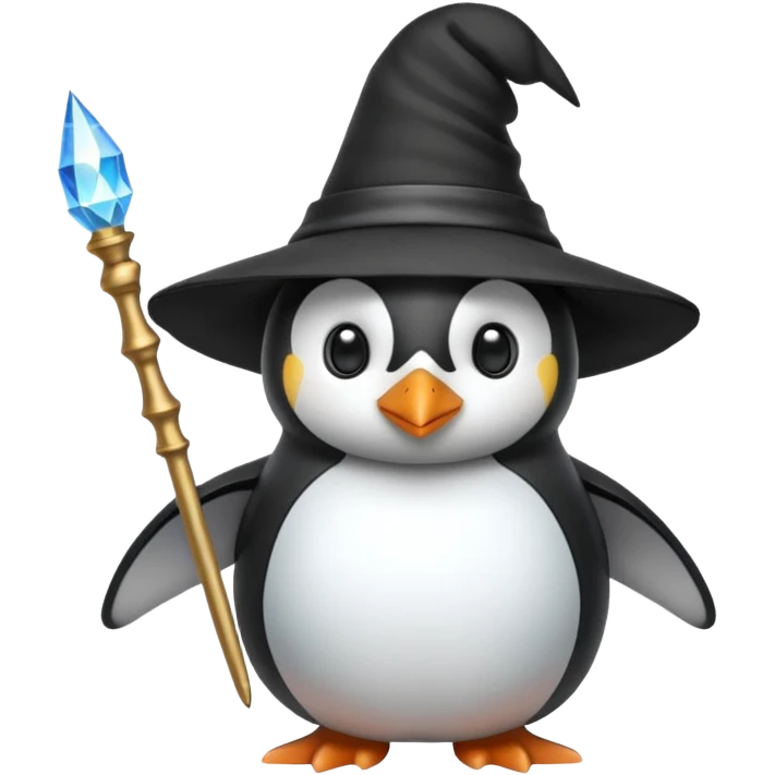 A penguin wizard with a pointy hat and a magic wand emoji