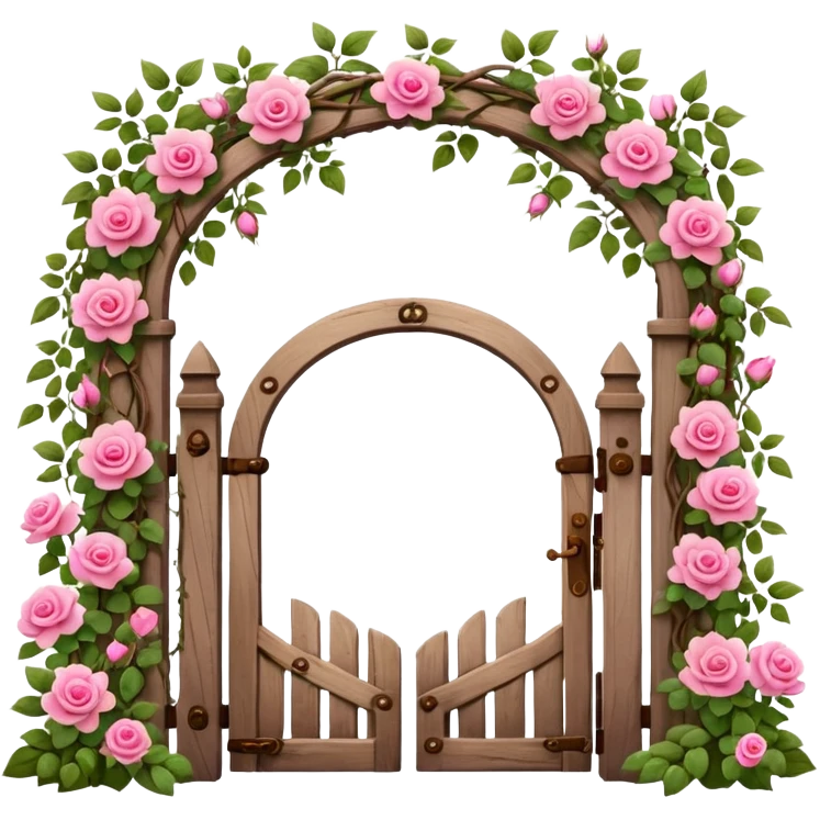 a garden's gate made of wood, with pink flowers all around it emoji