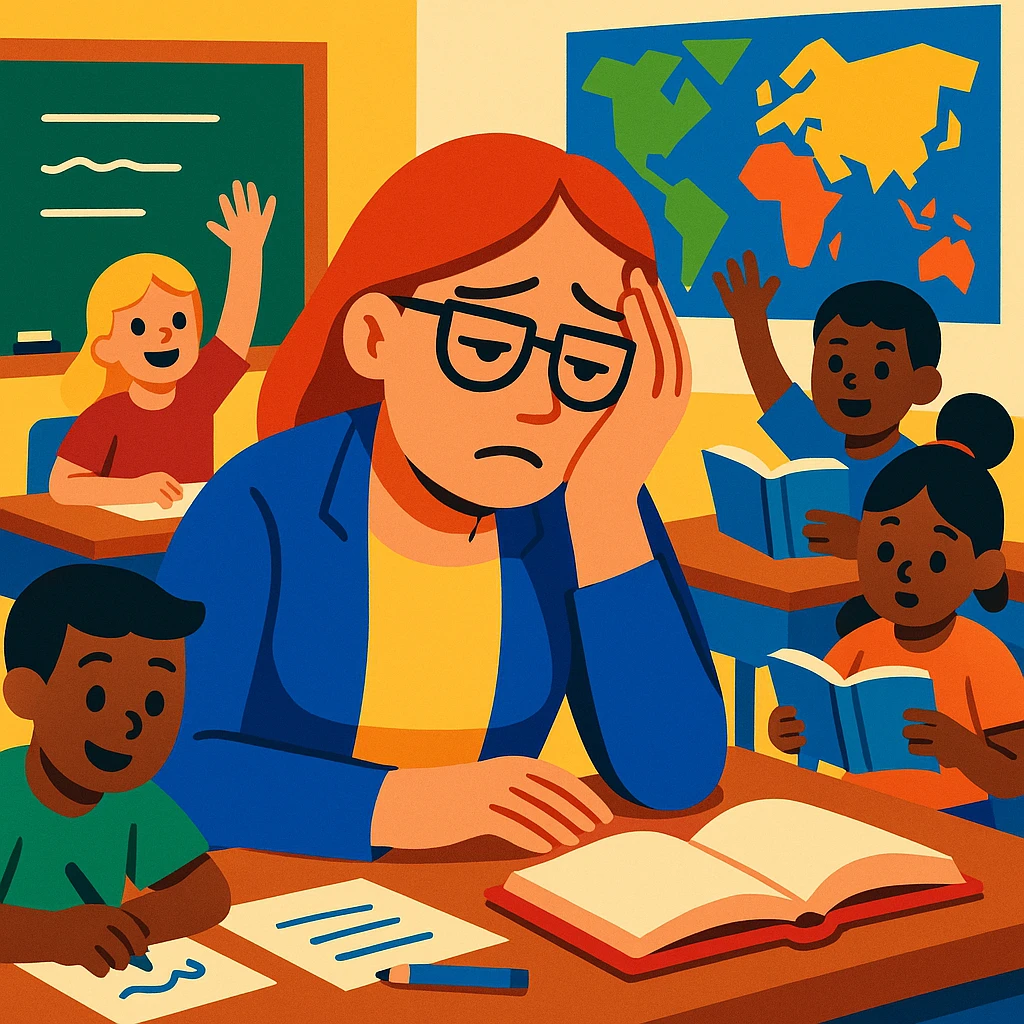 exhausted teacher in a bustling classroom emoji