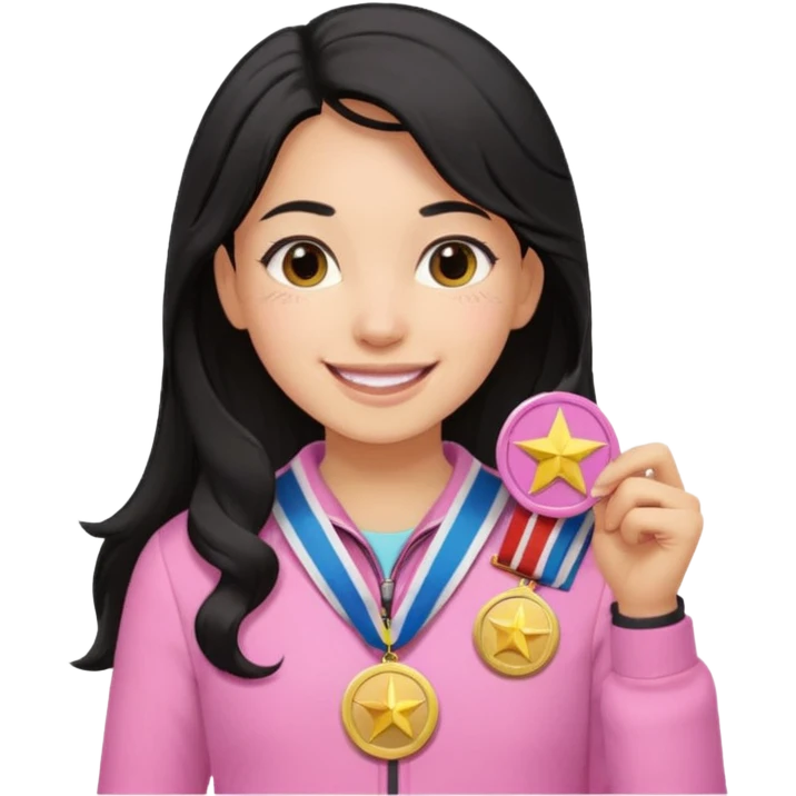 black haired girl wearing pastel pink with medals remove any hats, make her smile, make her hair longer emoji
