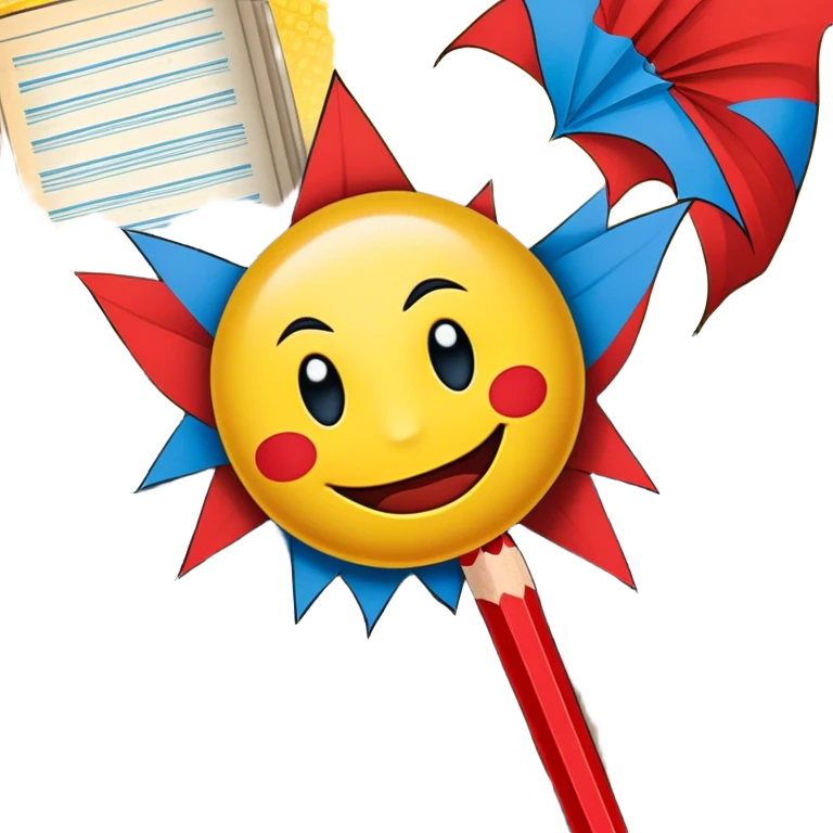 Create a vibrant emoji representing comic books and graphic novels as an art form. The design should feature a large, open comic book with vintage comic panels on the pages. Include a pencil (without a hand) gently writing text or sketching on the pages. The comic panels should have bold lines and retro-style artwork with classic comic book visuals. Use bright, energetic colors like red, yellow, and blue to evoke excitement and creativity. The overall design should feel dynamic, vintage, and artistic. Make the background transparent. emoji