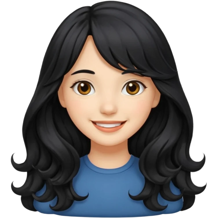 Please generate a portrait of a pretty girl with long, wavy, black hair. She's smiling. She also wears a middle parting and bangs. emoji