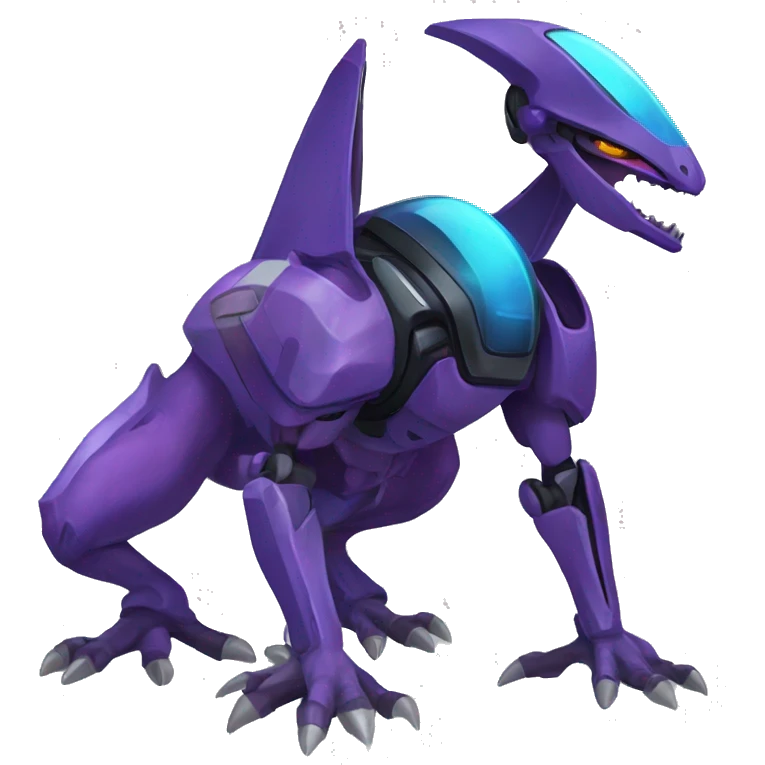 a black-blue-purple Genesect-Raptor-Fakémon—hybrid with a futuristic visor-helmet full body emoji