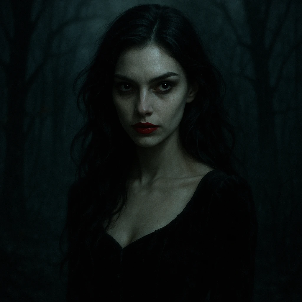 beautiful scary girl, mysterious and alluring, sharp features, red lips, eerie background, cinematic horror style emoji